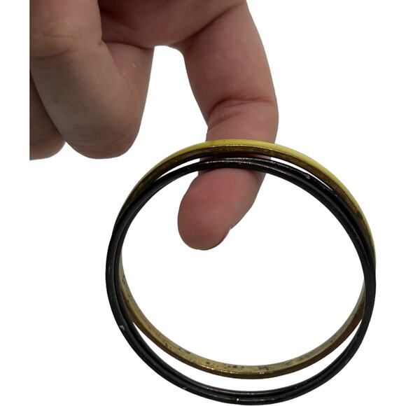 Vintage 70s Bangle Set Black Yellow-Green Mod Stackable Bracelets 3 Piece - Picture 4 of 8